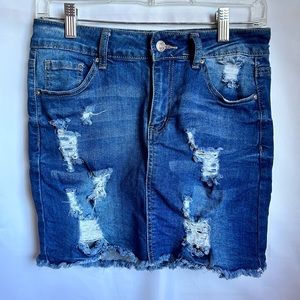 “Wax Jean” Distressed Jean Mini Skirt